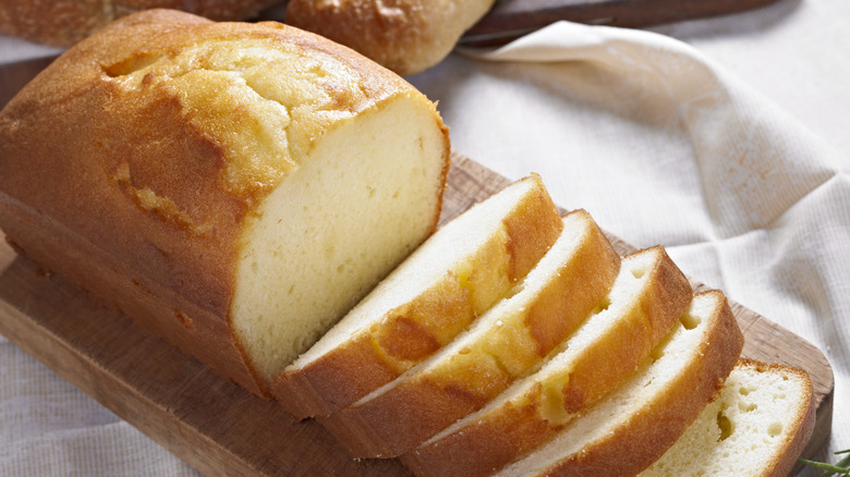 Classic pound cake sliced on a cutting board