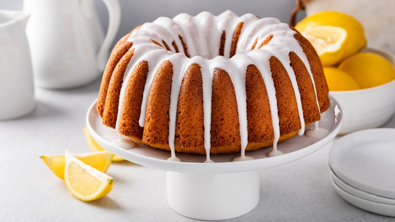 Lemon pound cake with drizzle on a cake plate