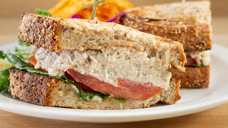 Close up view of a tuna sandwich