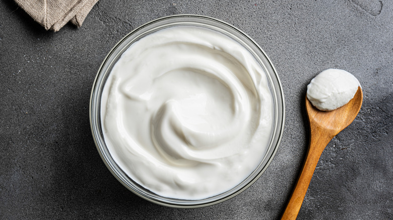 A bowl of fresh, homemade Greek yogurt in a gray countertop with a wooden spoon full of yogurt next to it and a gray tea towel at the upper left.