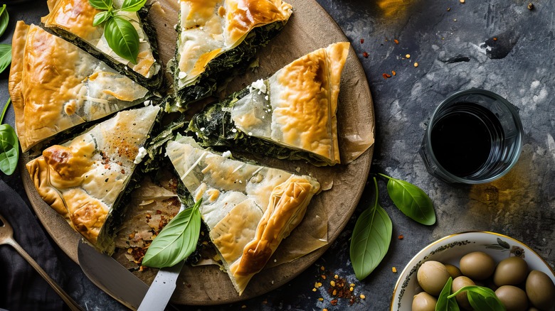 Triangle wedges of spanakopita with olives and olive oil