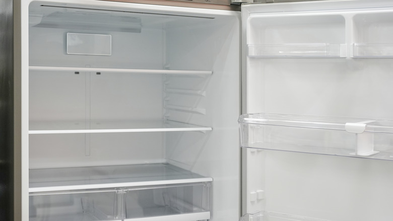 Empty fridge with open door