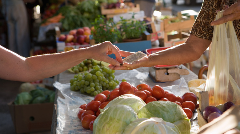 Shopper exchanging money at a farmer's market