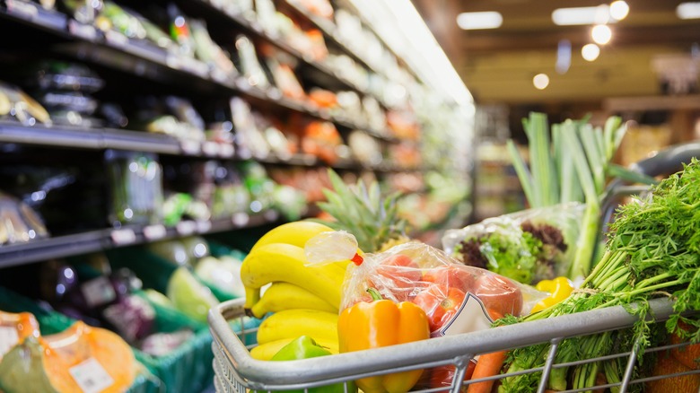 Grocery cart filled with a shopping haul