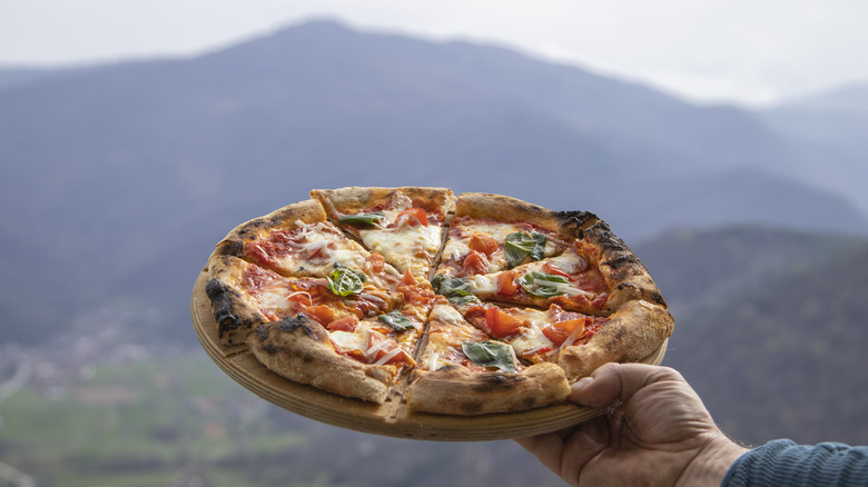 A freshly baked pizza with a mountain in the background