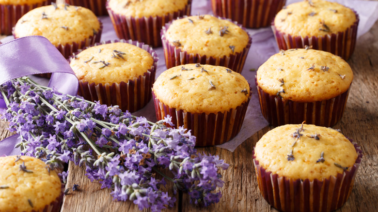 lavender cupcakes with lavender garnish