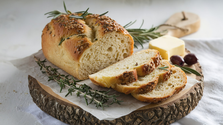 rustic board with beautiful loaf of herb bread