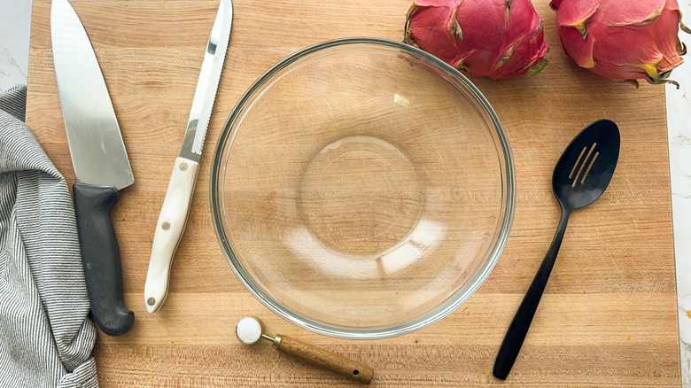 board, knives, bowl, and spoon