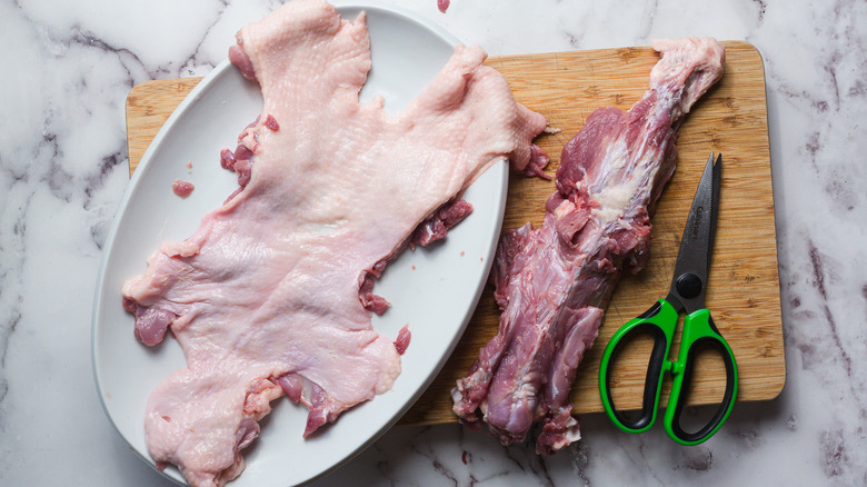 Duck skin removed from the duck carcass