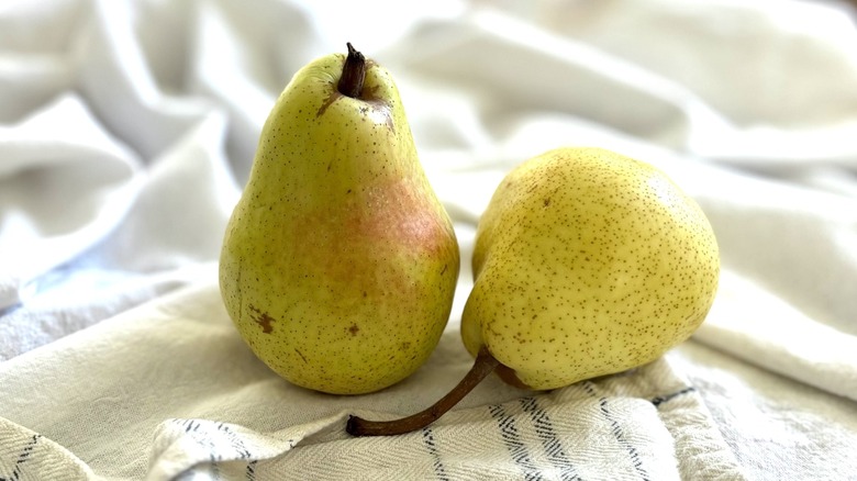 Anjou pears on tea towel