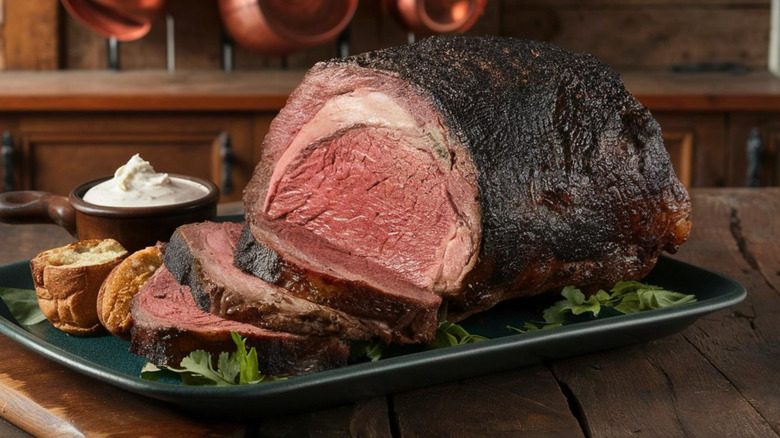 Sliced prime rib roast on a platter