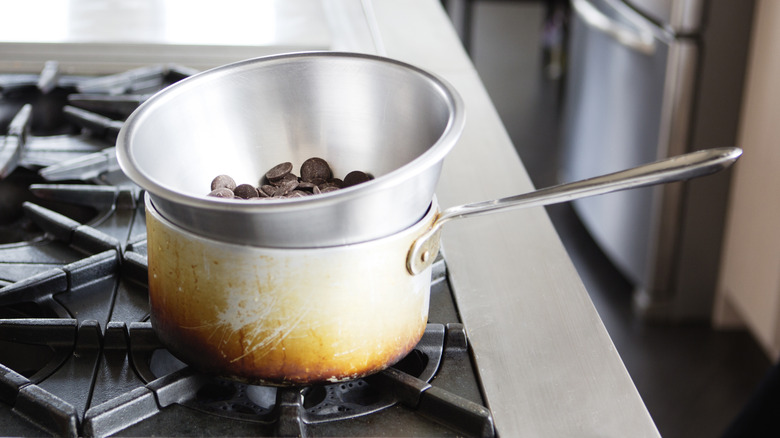 Metal bowl resting on a pot as a DIY double boiler