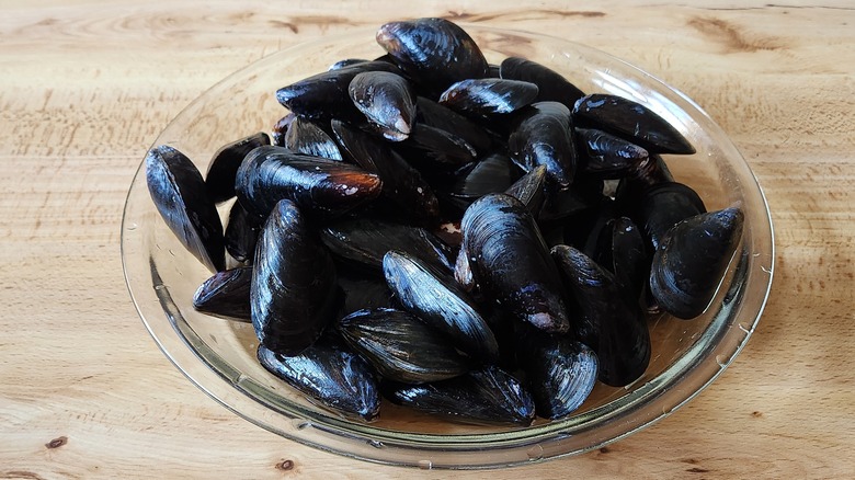 cleaned mussels in clear dish