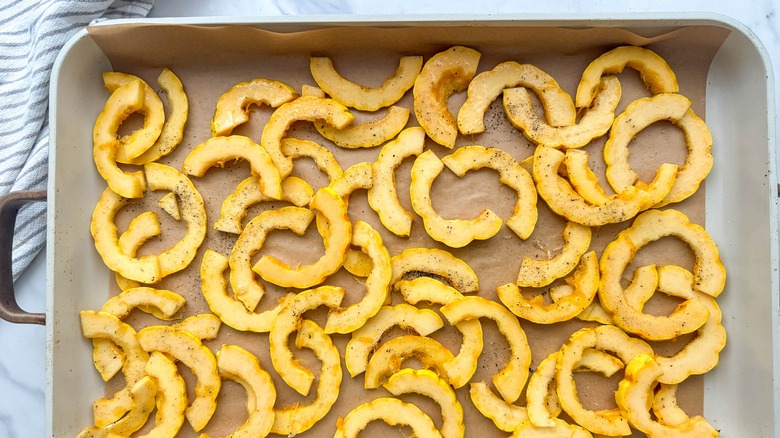 prepared squash on baking sheet