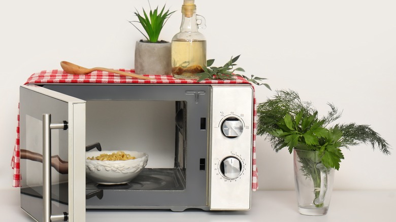 Bowl of pasta in microwave