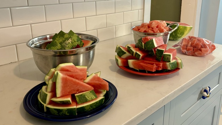 Watermelon on a counter