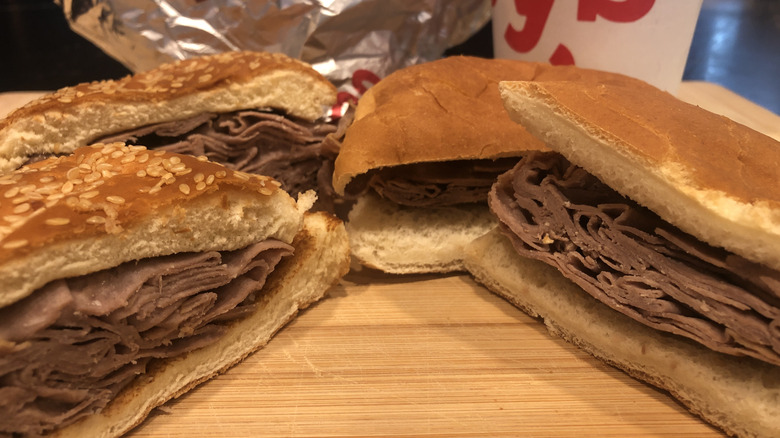 Arby's Double Roast Beef sandwich divided