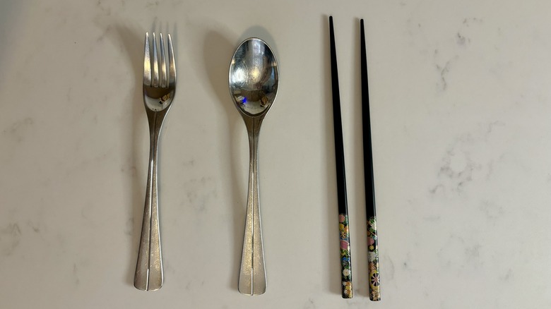 Fork, spoon, and chopsticks