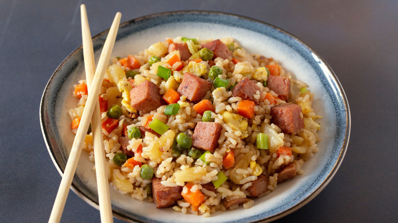 Spam fried rice with chopsticks