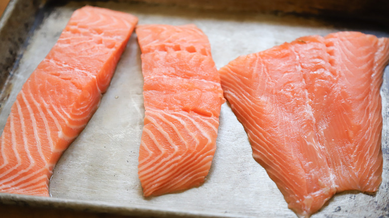 Salmon filets on sheet tray