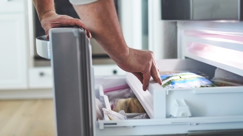 A person looking through a freezer drawer.