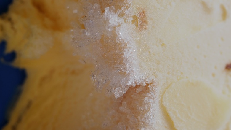 up close image of freezer burn on ice cream