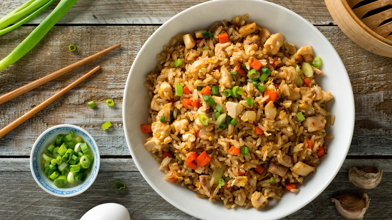 bowl of chicken fried rice with egg