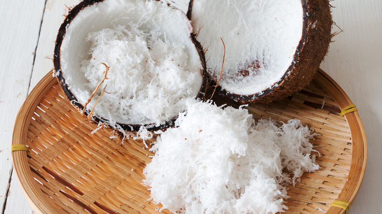 A close up of fresh, shredded coconut.