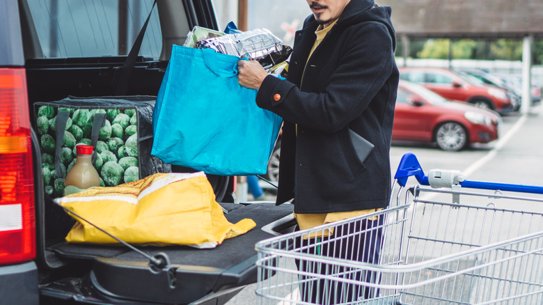 A man putting groceries in insulated bag into car truck