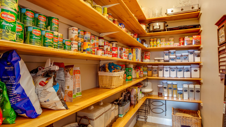 a well-stocked pantry with lots of cans and shelf-stable foods