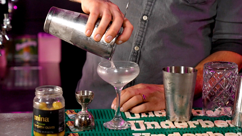 Ingredients and tools for dirty martini