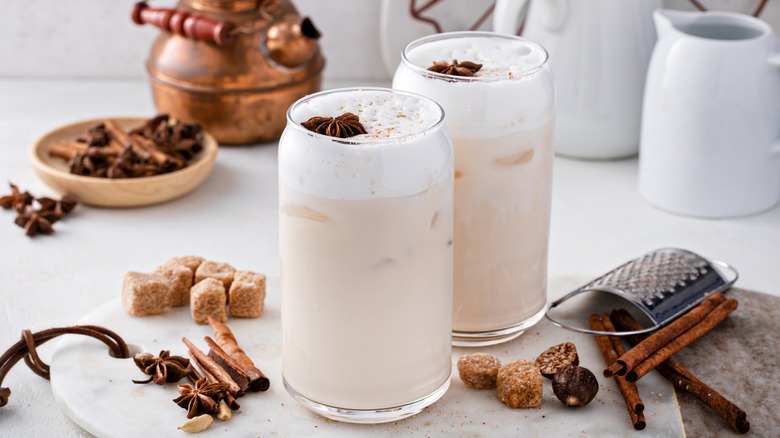 Iced chai latte with milk foam