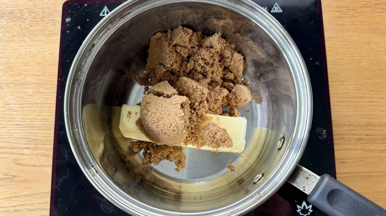 Butter and brown sugar in saucepan