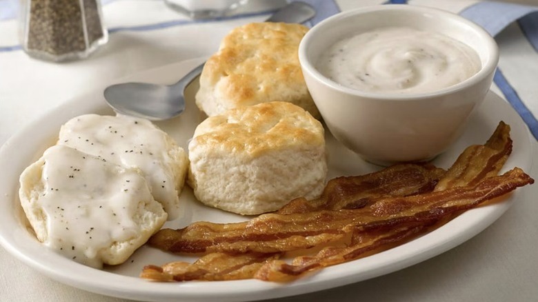 Biscuits and sawmill gravy with bacon