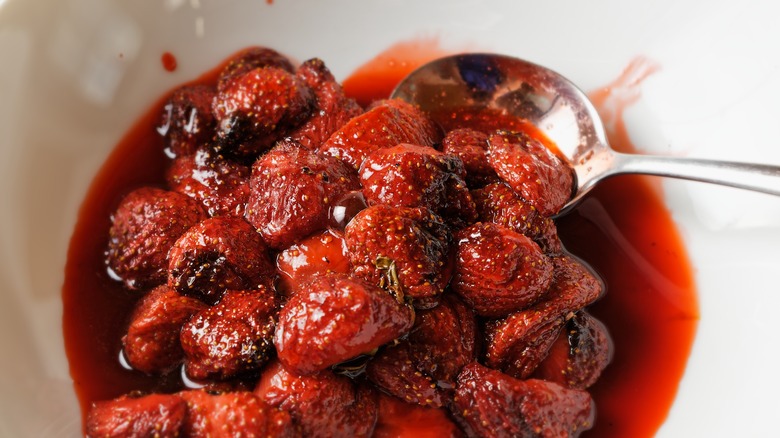 Roasted strawberries in bowl