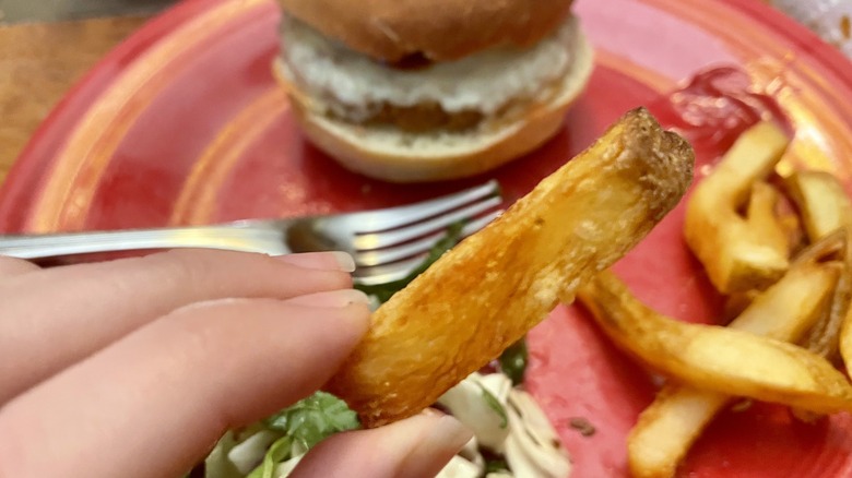 French fry in front of dinner plate