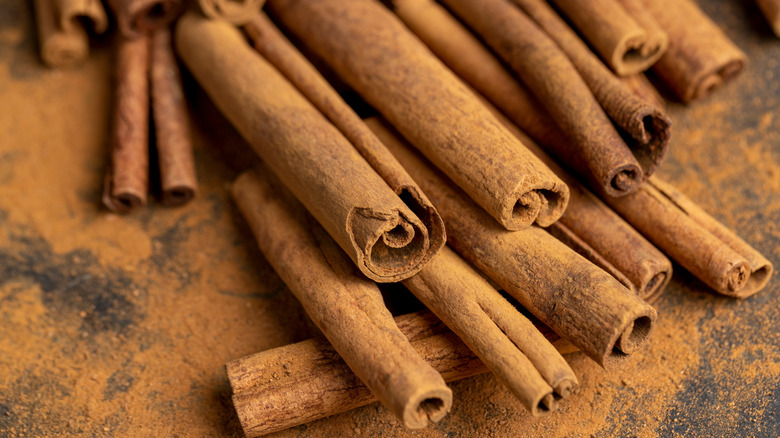 Cinnamon sticks stacked in rows