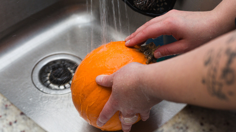 Hands washing pumpkin in the sink