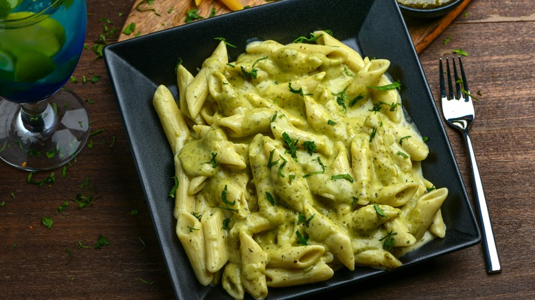 pasta in a creamy pesto sauce