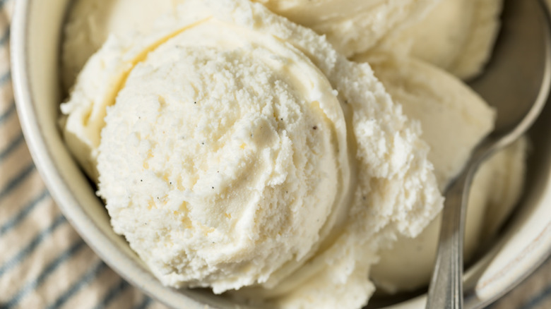 Homemade vanilla ice cream in a bowl with a spoon