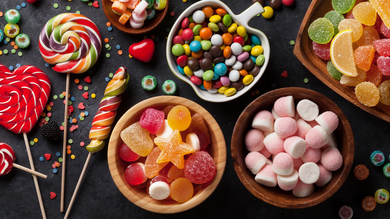 colorful candies in bowls