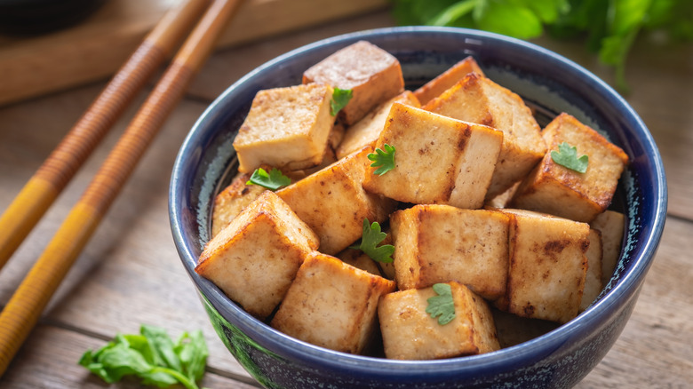 Bowl of cubed tofu