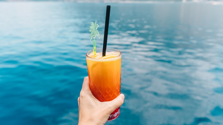 Person holding a sex on the beach cocktail in front of body of water