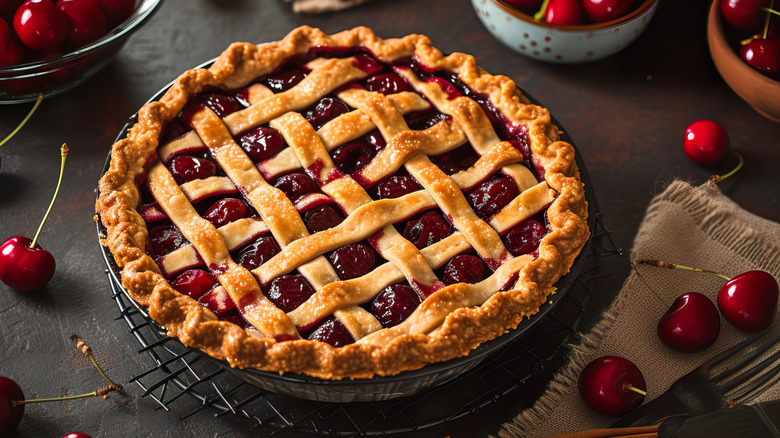 Cherry pie with a beautiful lattice crust.