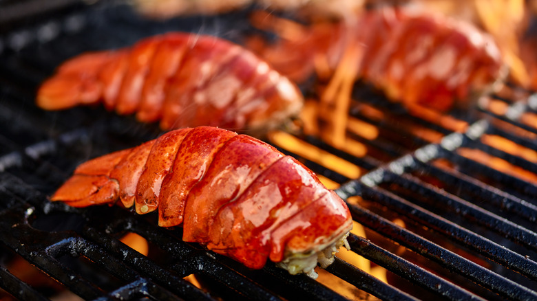 lobster tail meat-side-down on grill