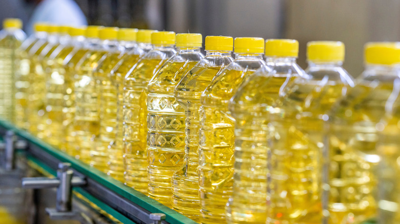 Bottles of vegetable oil in a row