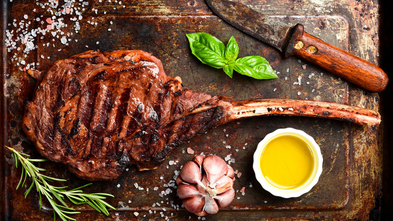 A big steak with a nice bit of shine after cooking