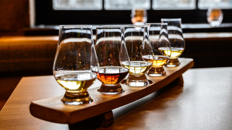 A closeup of a flight of whiskey