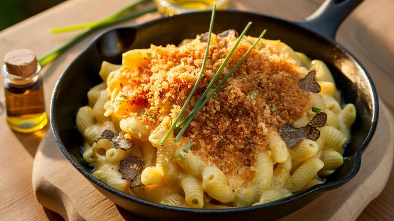 mac and cheese in a cast iron skillet