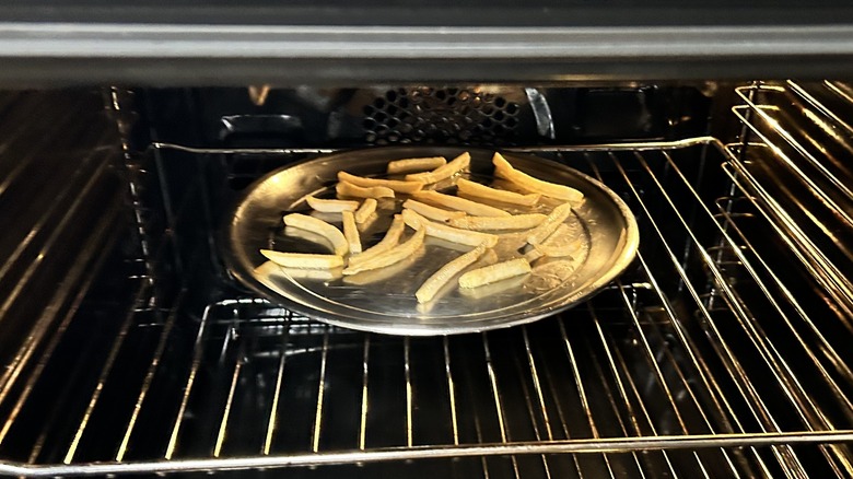 fries on round tray in oven